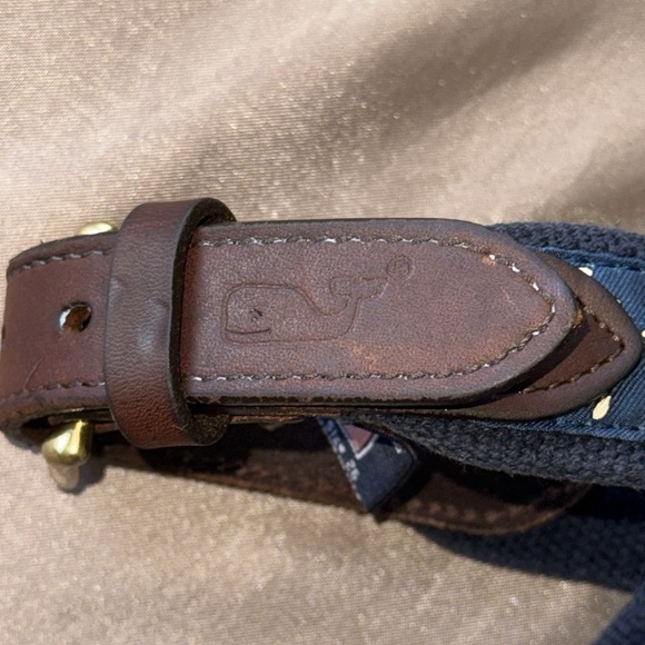 Vineyard Vines Swordfish Belt Brown Leather Blue Sailfish Silk Print Sz 26” - Picture 8 of 9